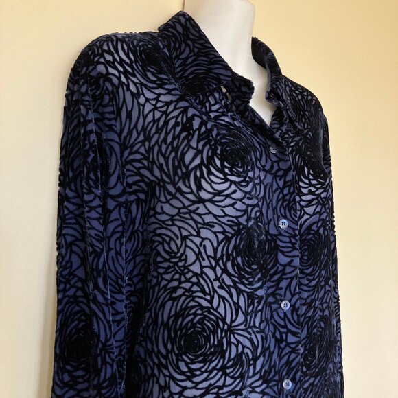 Mantles Petite Silk Blend Burnout Velvet Shirt Navy Sheer Rose Pattern Blouse - Picture 8 of 8